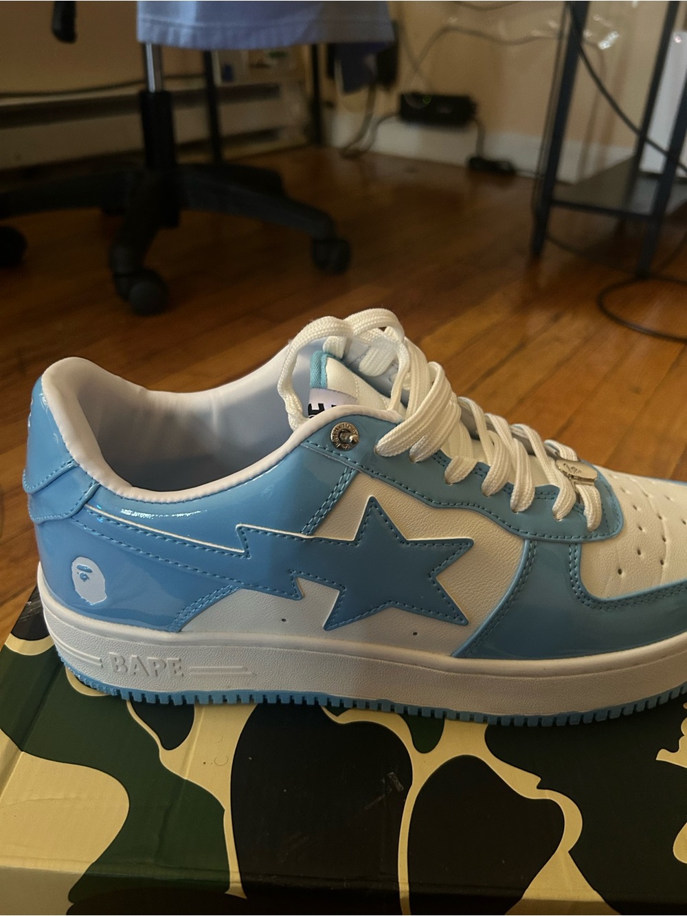 Bape Kids Light Blue and White Leather Sneakers